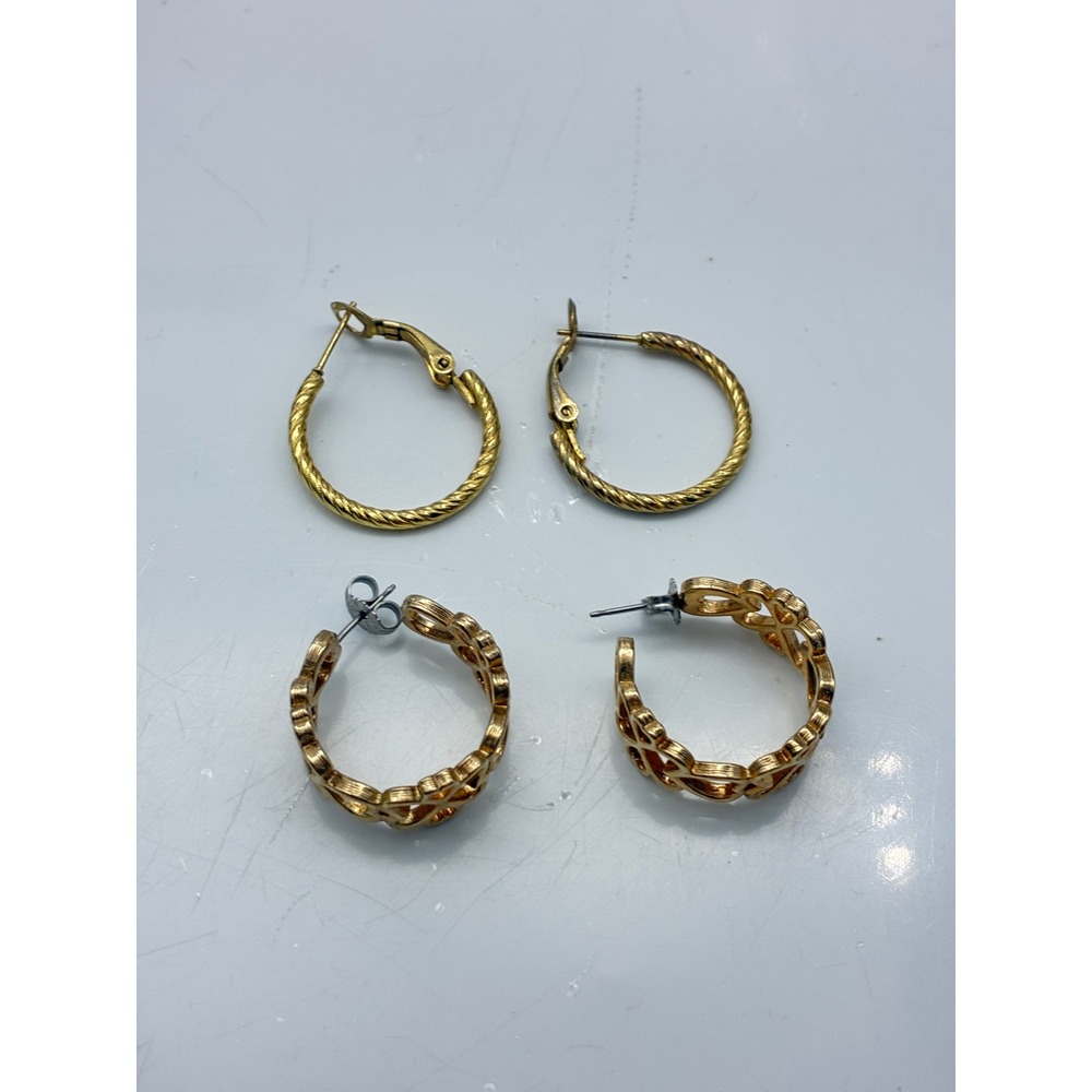 Gold Tone Hoop Earring Lot of 2 Twisted Rope and Heart Filigree Openwork